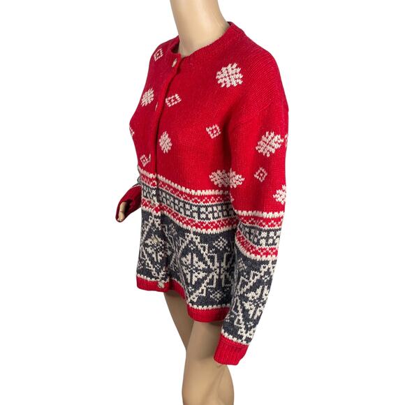 Eddie Bauer Fair Isle Nordic Ski Red Gray Wool Alpaca Cardigan SZ M - Picture 5 of 8